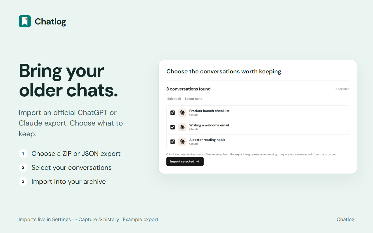 Chatlog import screen for choosing conversations from a downloaded chat history export.